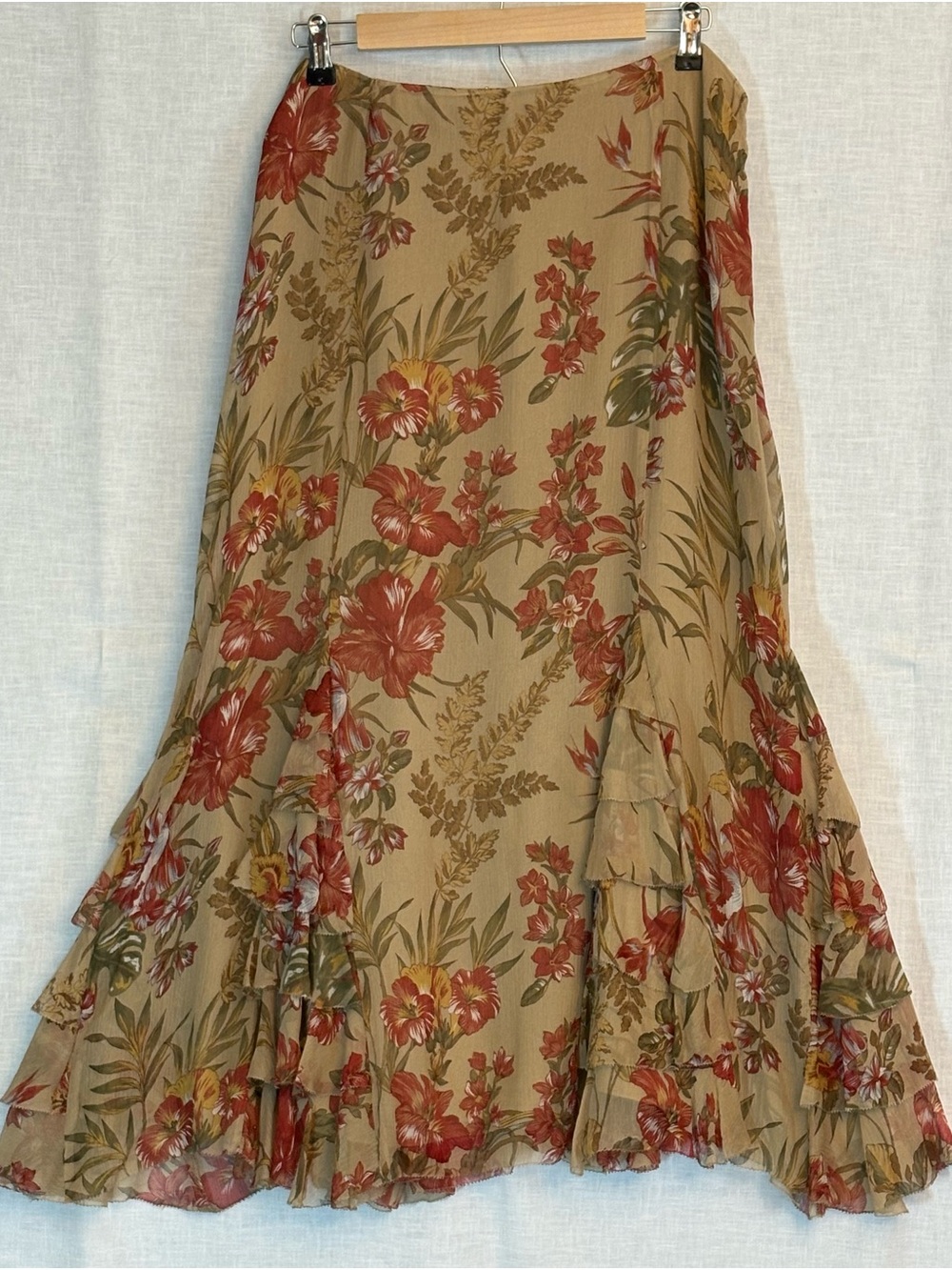 Charter Club Beige Maxi Skirt with Red Floral Print